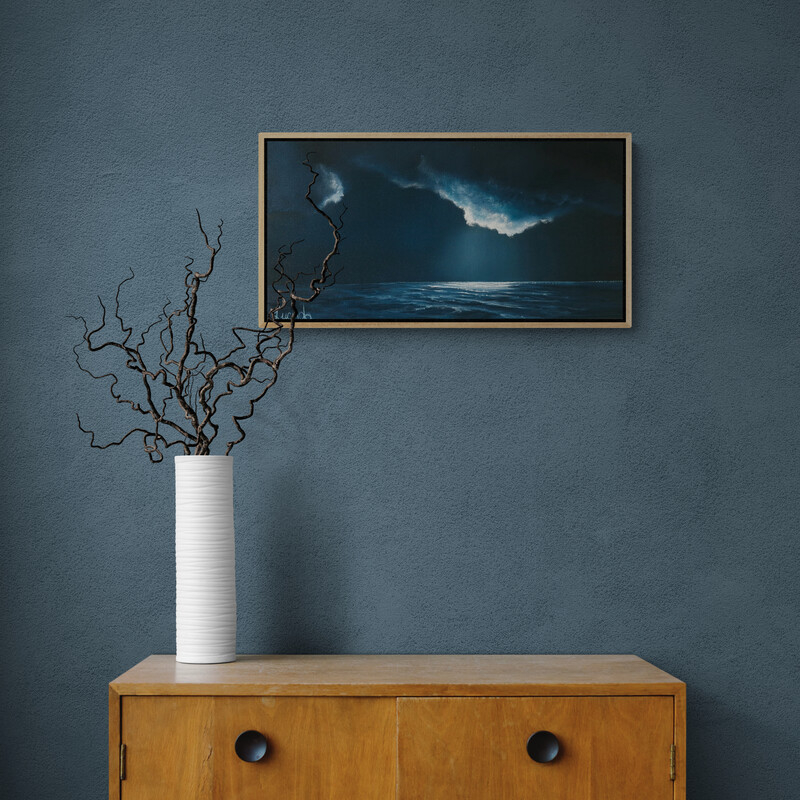 Original Australian atmospheric seascape oil painting featuring a dramatic sky with soft light breaking through layered clouds