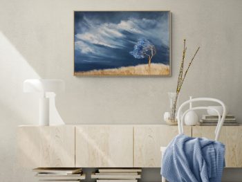 Textural atmospheric Australian landscape painting with a windswept tree beneath storm-filled skies by Lucinda Leveille