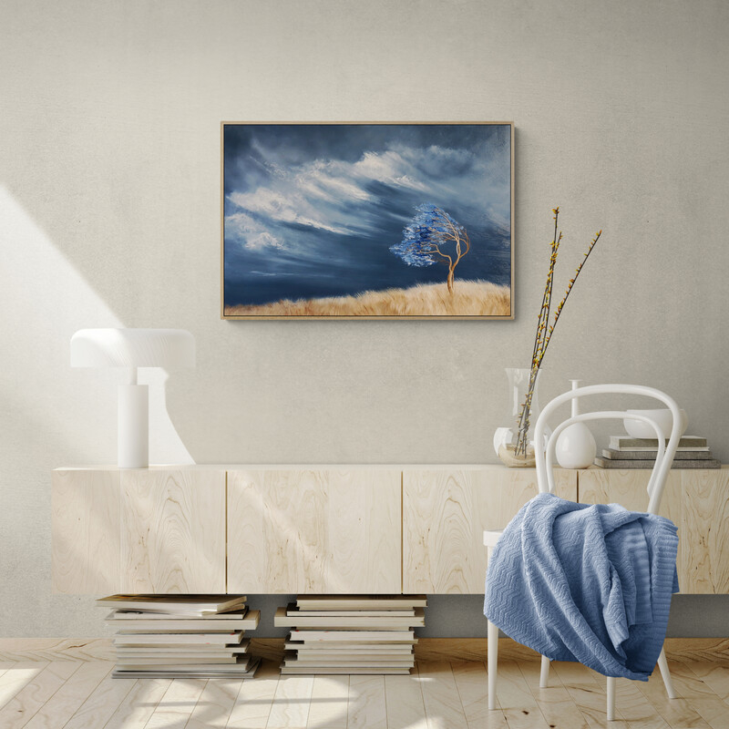 Textural atmospheric Australian landscape painting with a windswept tree beneath storm-filled skies by Lucinda Leveille