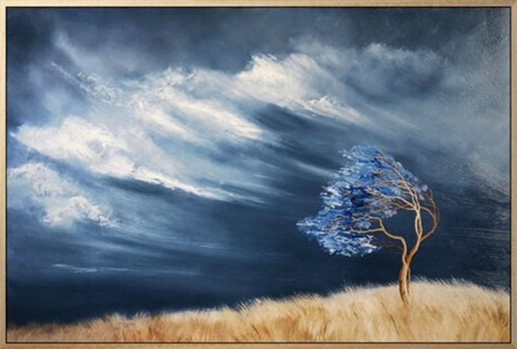 Textural atmospheric Australian landscape painting with a windswept tree beneath storm-filled skies by Lucinda Leveille