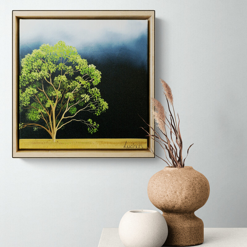 After Rain by Lucinda Leveille, small Australian tree landscape painting featuring a green tree beneath a clearing sky.
