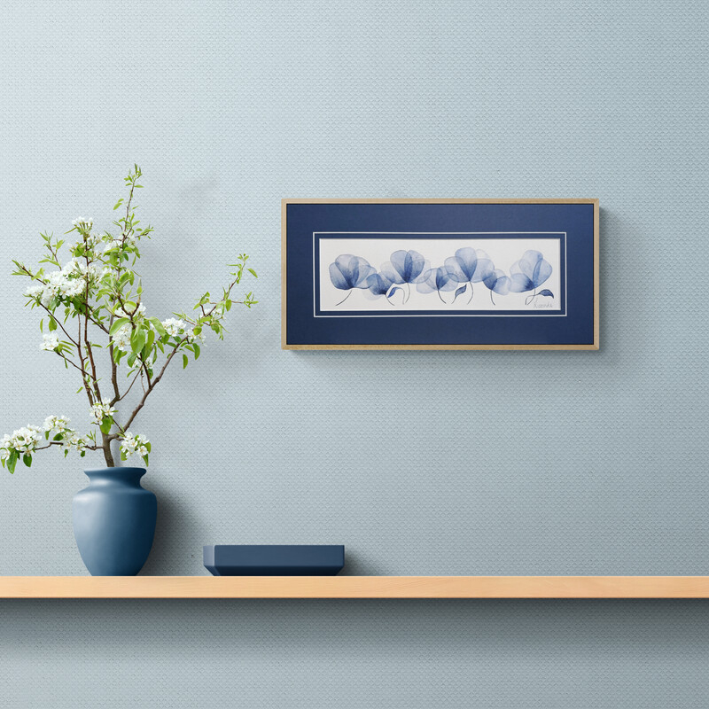 Azure Dream is a Australian floral watercolour, in shades of blue, delicate petals framed with a complimentary mat by Lucinda Leveille