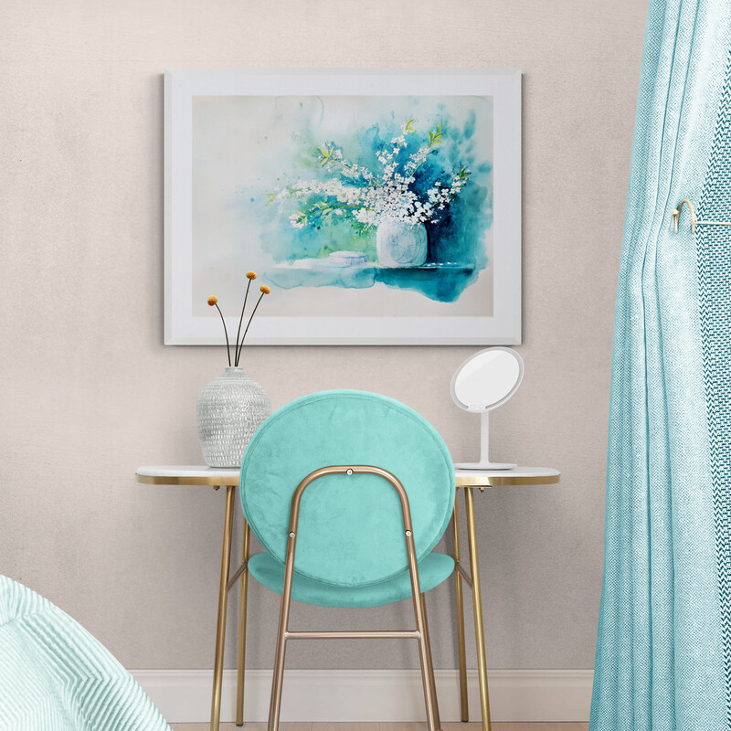 Purity and Innocence, original floral watercolour painting by Lucinda Leveille featuring delicate blue, turquoise and pink blossoms in a vase.