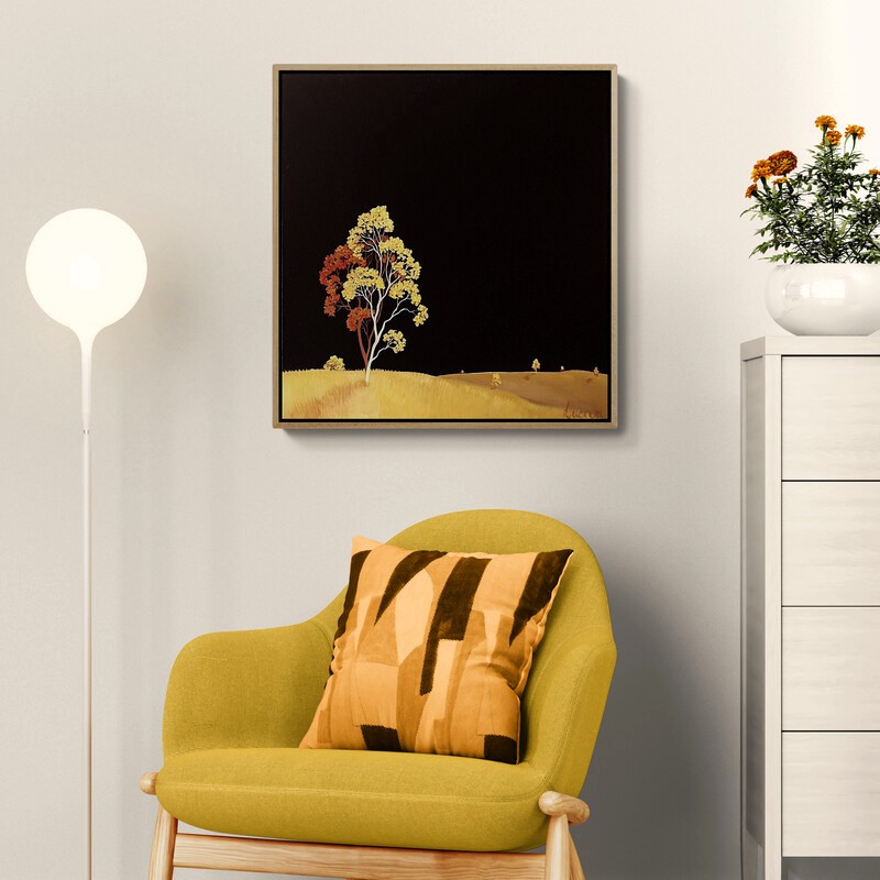 Autumn Gold, original Australian landscape painting by Lucinda Leveille featuring a luminous golden gum tree beneath a dramatic dark sky.