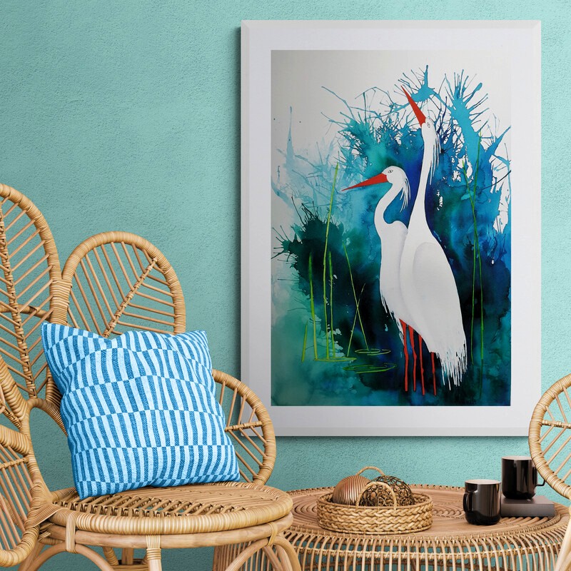 Fine Feathers, original Australian bird painting featuring a white egret standing among vibrant blue and green wetland foliage.