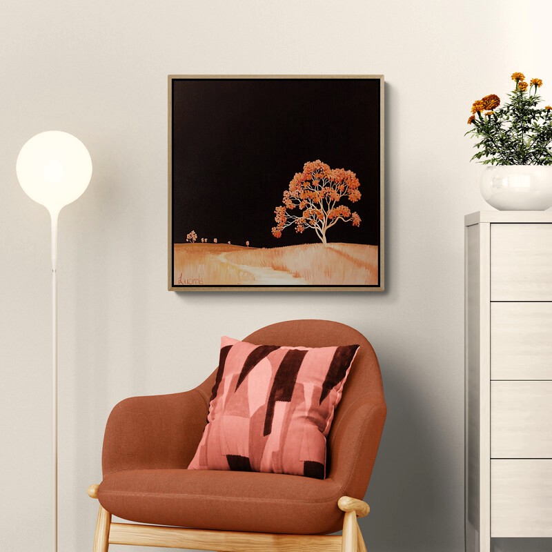 Fire Under Stars, original Australian landscape painting featuring a luminous flowering tree beneath a vast dark sky and glowing horizon.