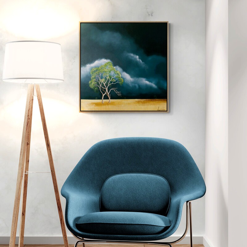 Holding Ground, original Australian landscape painting featuring a solitary flowering tree beneath dramatic storm clouds and atmospheric light.