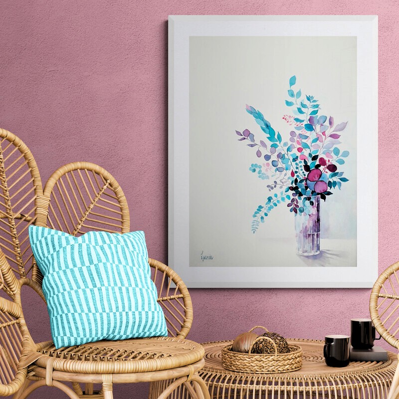 Just Leaves by Lucinda Leveille displayed in a contemporary interior, original watercolour painting featuring delicate blue, pink and violet foliage arranged in a glass vase.