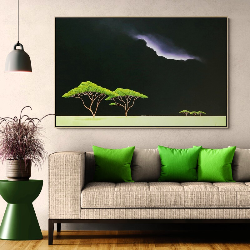 Savanna Green, original Australian landscape painting featuring vivid green acacia trees beneath a dramatic storm sky illuminated by lightning.