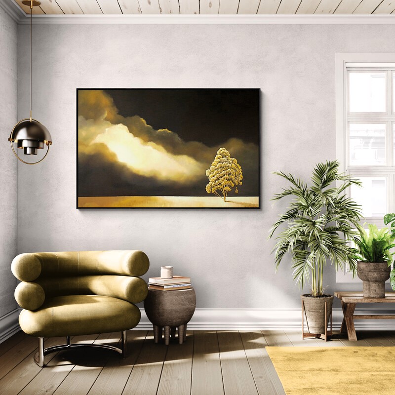 Softness in the Dark, original Australian landscape painting featuring golden clouds, a luminous flowering tree and dramatic atmospheric sky.