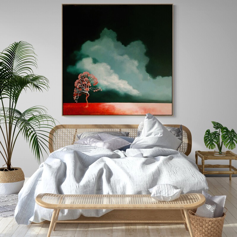 Tending to the Quiet, original Australian landscape painting featuring a solitary red flowering tree beneath luminous green clouds and an atmospheric sky.