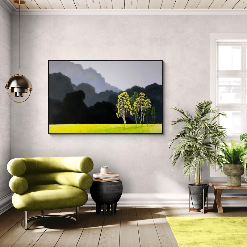 The Edge of Listening, original Australian landscape painting featuring luminous flowering trees beneath layered storm clouds and an atmospheric sky.