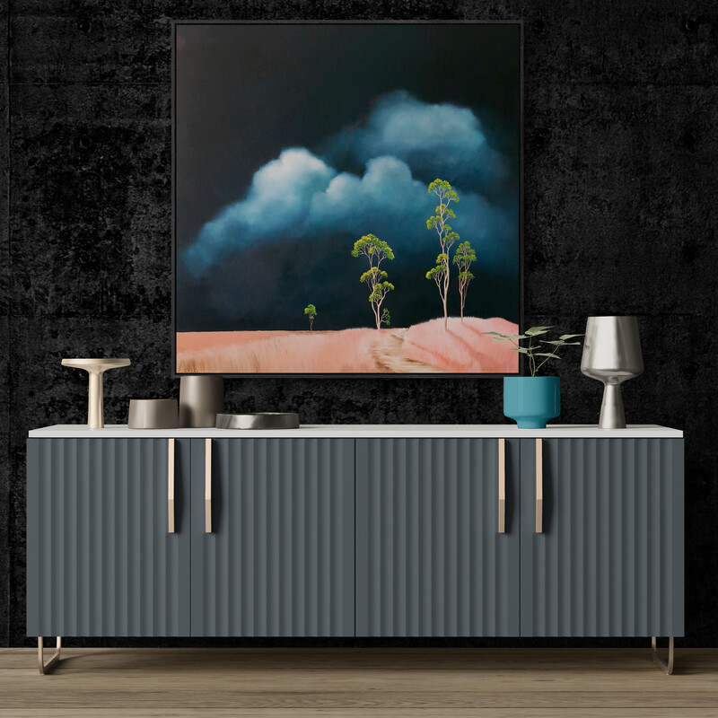 The Road Into Weather, original Australian landscape painting featuring a winding road, flowering trees and a towering storm cloud beneath an atmospheric sky.