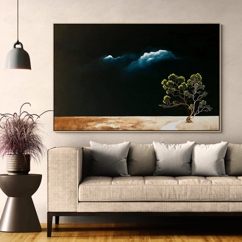 The Silence Between, original Australian landscape painting featuring a solitary flowering tree beneath a dramatic illuminated storm cloud and dark atmospheric sky.