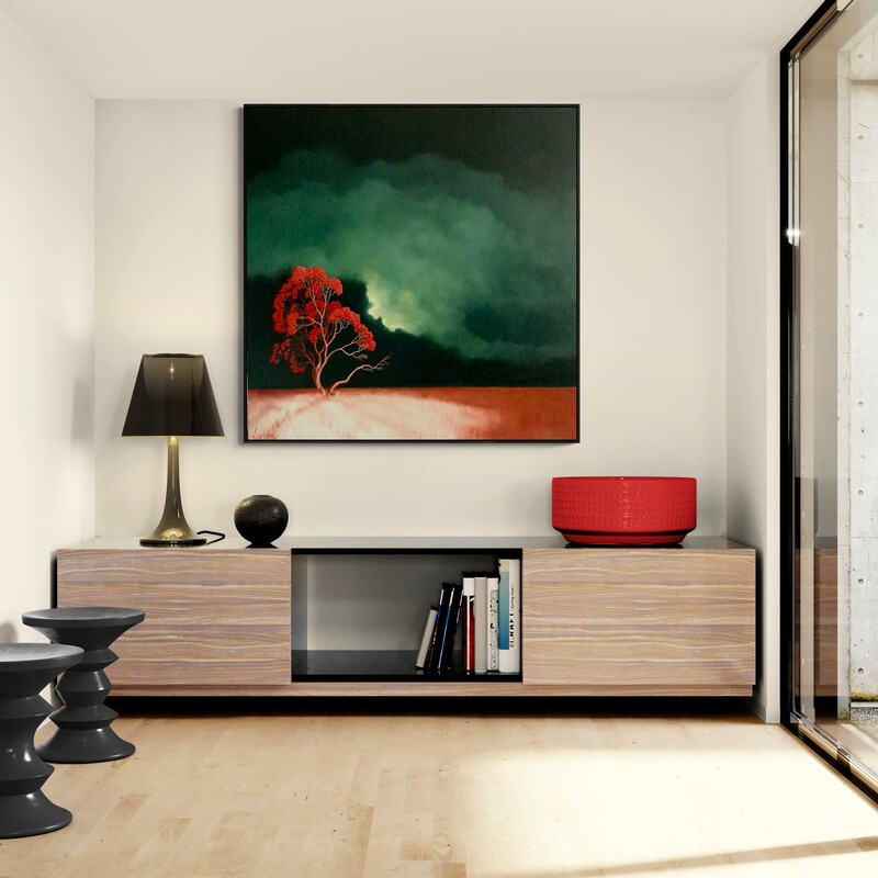 The Tree That Waits, original Australian landscape painting featuring a solitary red flowering tree beneath a dramatic green and turquoise storm sky.