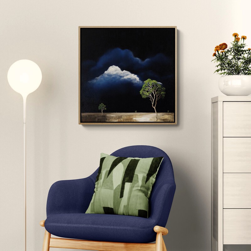 Waiting for Thunder, original Australian landscape painting featuring a solitary flowering tree beneath a gathering storm cloud and dramatic evening sky.