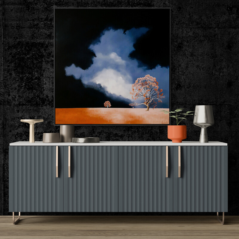 When the Light Spoke, original Australian landscape painting featuring a luminous storm cloud above a flowering tree and open landscape.