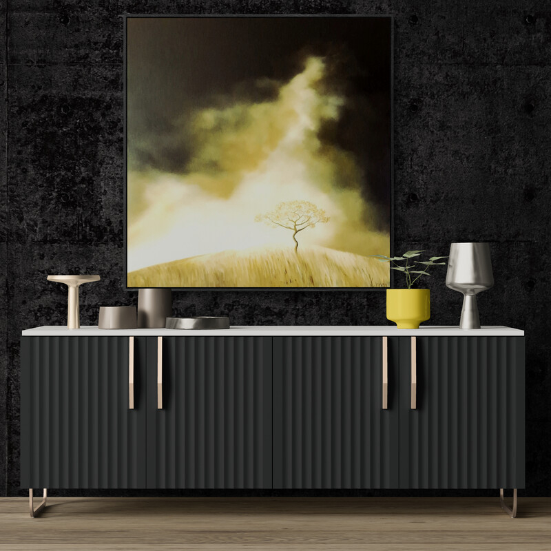 Where the Light Lingers, original Australian landscape painting featuring luminous golden clouds above the Australian landscape and an atmospheric sky.