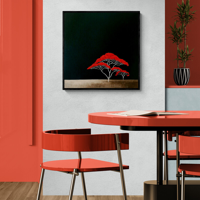 Where the Red Stands, original Australian landscape painting featuring a vibrant red flowering tree beneath a dramatic dark atmospheric sky.