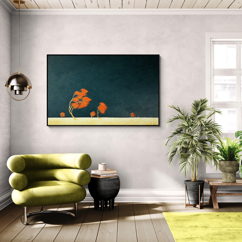 Windwalkers, original Australian landscape painting featuring vibrant orange flowering trees beneath an atmospheric blue sky.