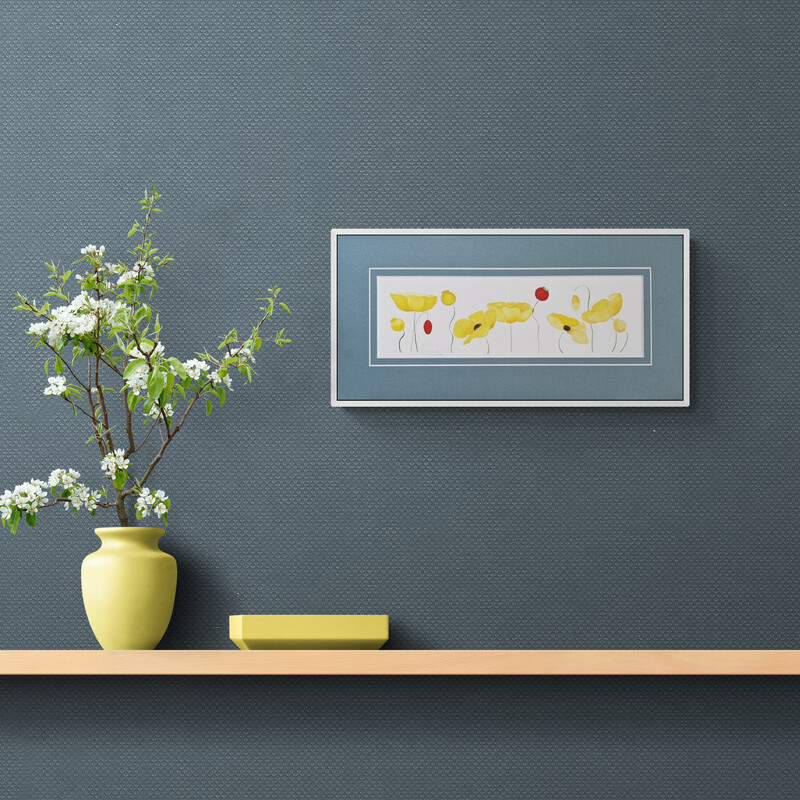 Bright yellow poppies with red buds, matted and gift wrapped, rady to frame, original and exclusvie wtercolour from Lucinda's Studio