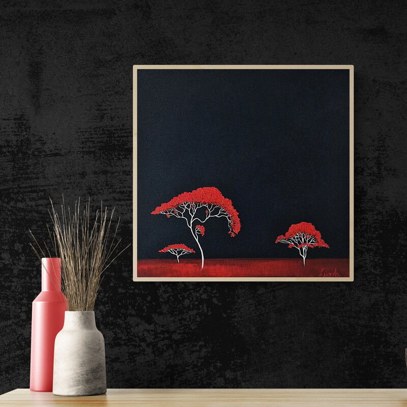 Original Australian landscape painting featuring two crimson flowering trees beneath a deep blue evening sky by Lucinda Leveille, 50 x 50 cm.