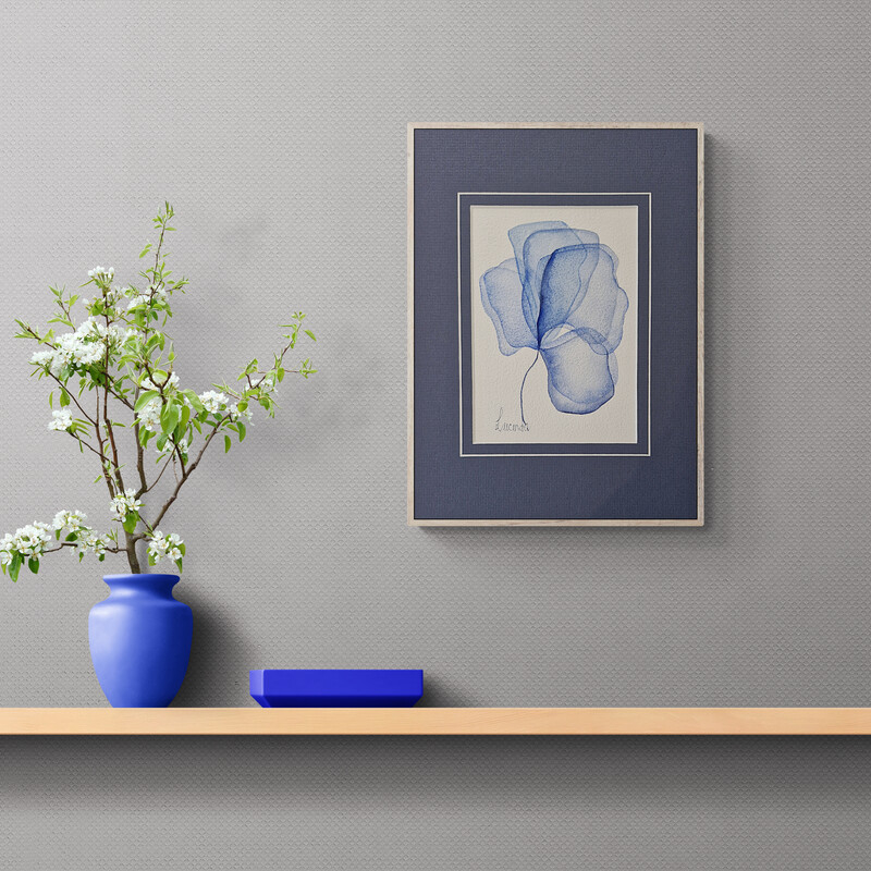 Lucinda leveille original watercolour in blue, flowers, matted with blue matt, A4 size, suitable for gifting or collecting, Original Australian watercolour floral painting exploring colour, form and the fluid versatility of watercolour.