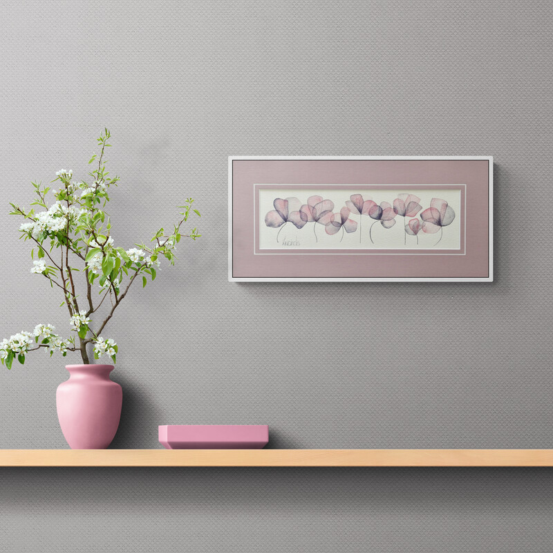 A delicate dusky pink petal watercolour painting with a matching mat, by Lucinda