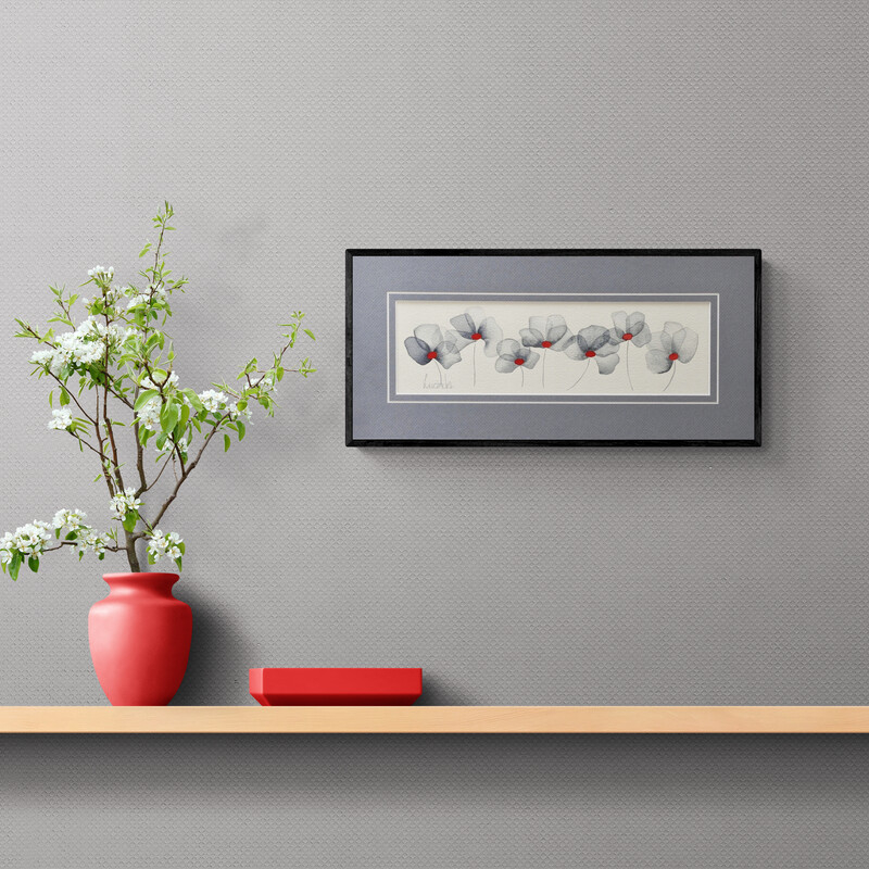 Pearl Petals is an orginal Australian watercolour with a rendering of petals, creating delicate layers of grey and pearl tones, gently enlivened by subtle accents of crimson, by Brisbane artist Lucinda