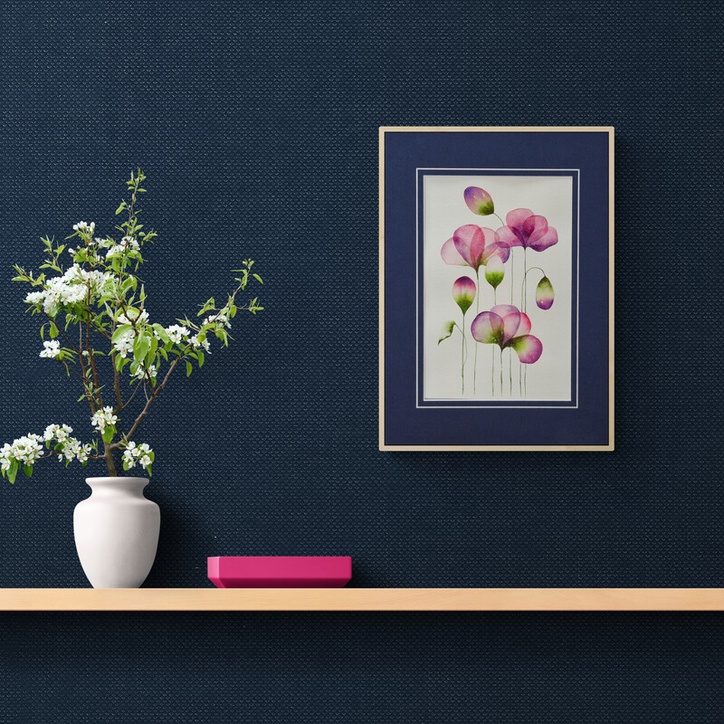 Abstract botanical watercolour artwork on paper featuring layered, translucent petal-like forms arranged in a horizontal composition, matted and ready to frame. Orginals from Lucinda's Studio