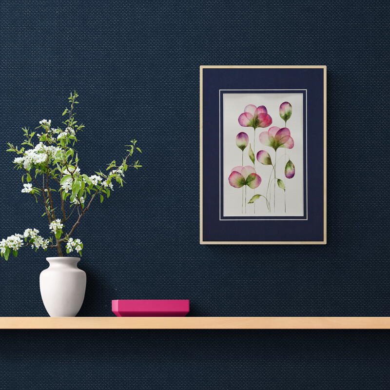 Abstract botanical watercolour artwork on paper featuring layered, translucent petal-like forms arranged in a horizontal composition, matted and ready to frame. Orginals from Lucinda's Studio