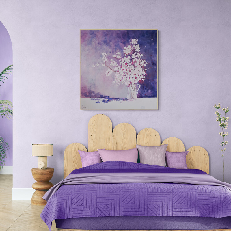 Ephemeral Blossoms, original mixed media painting by Australian artist Lucinda Leveille featuring delicate cherry blossoms in a glass vase against a violet sky.