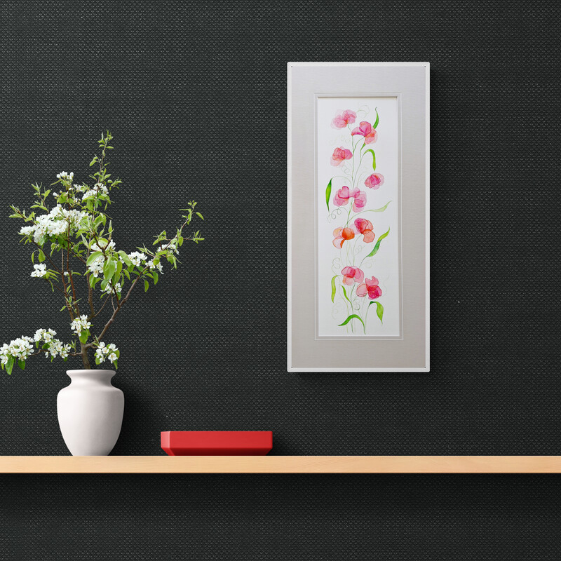 A pair of archival quality watercoours based on the sweet pea flower with tendrils and apricot and pink blossoms, already matted and ready to frame from Lucinda's Studio
