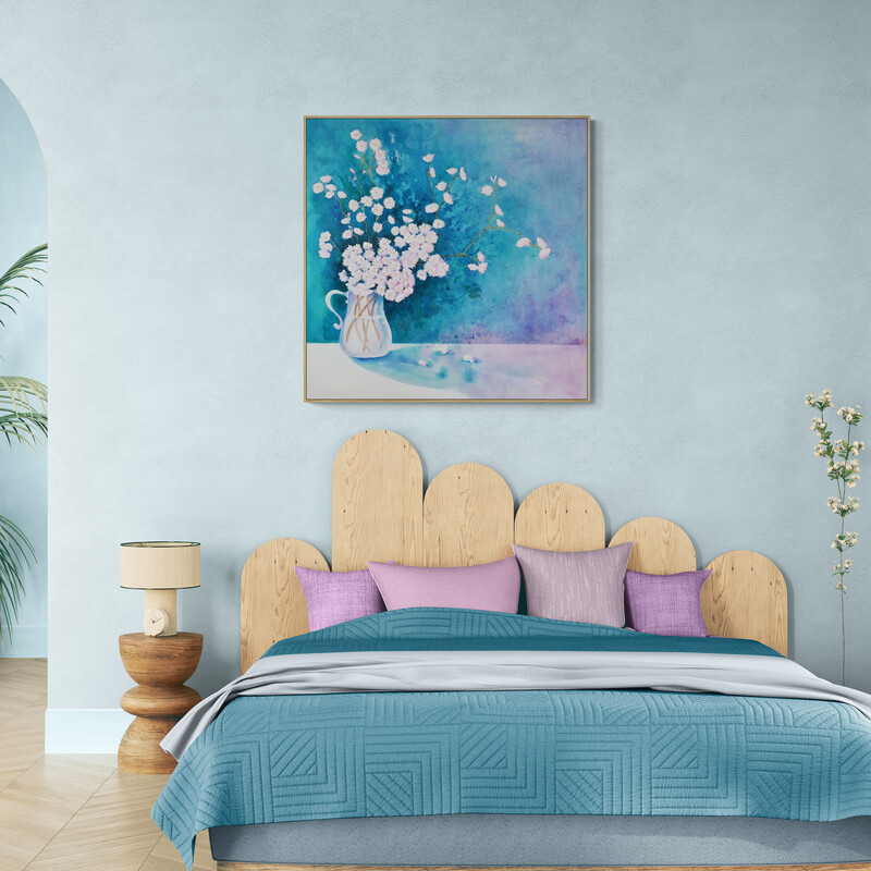 Fragile Blossoms, original mixed media painting by Australian artist Lucinda Leveille featuring delicate white cherry blossoms in a glass vase against a luminous turquoise and blue background.