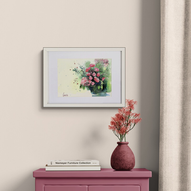 Gathered blooms watercolour on paper featuring pink and red flowers in a loose floral arrangement, presented in a simple ready to hang frame