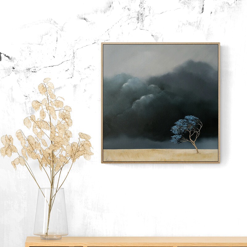 Atmospheric tree landscape painting with solitary tree, storm clouds and open Australian countryside. Original oil painting by Lucinda Leveille.