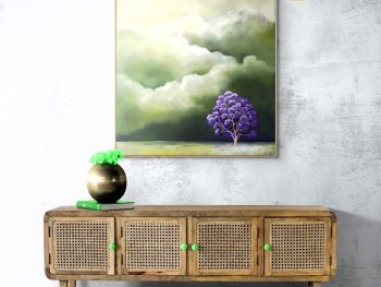 Original jacaranda painting with flowering purple tree beneath soft clouds and atmospheric sky. Australian landscape artwork by Lucinda Leveille.