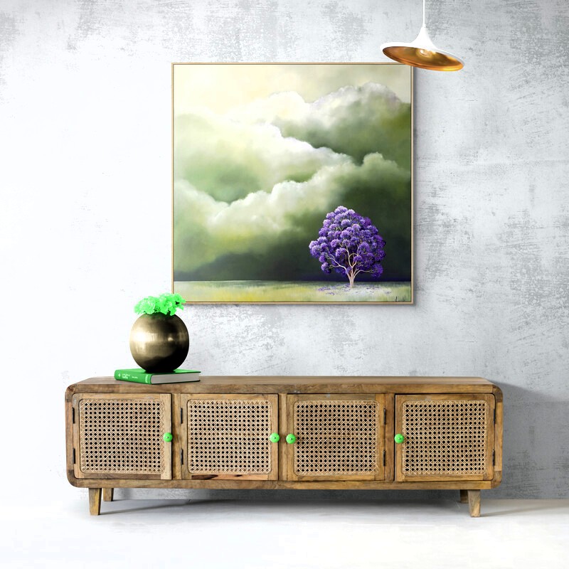 Original jacaranda painting with flowering purple tree beneath soft clouds and atmospheric sky. Australian landscape artwork by Lucinda Leveille.