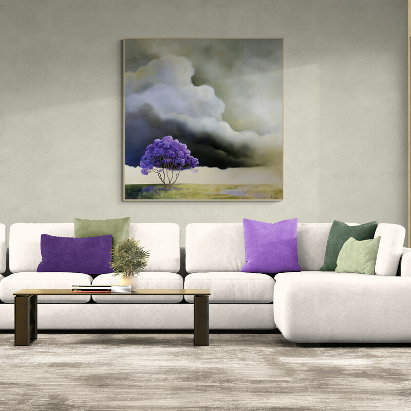 Original Australian landscape painting featuring a purple jacaranda tree beneath dramatic storm clouds by Lucinda Leveille, 100 x 100 cm.