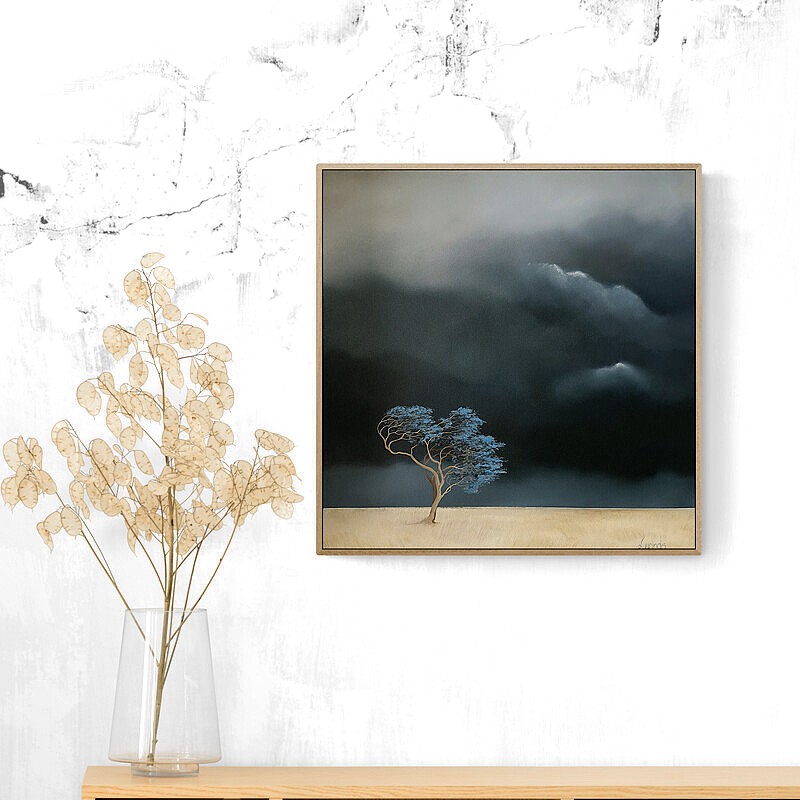 Atmospheric statement tree painting with windswept tree, storm clouds and returning light across an Australian landscape. Original oil painting by Lucinda Leveille.