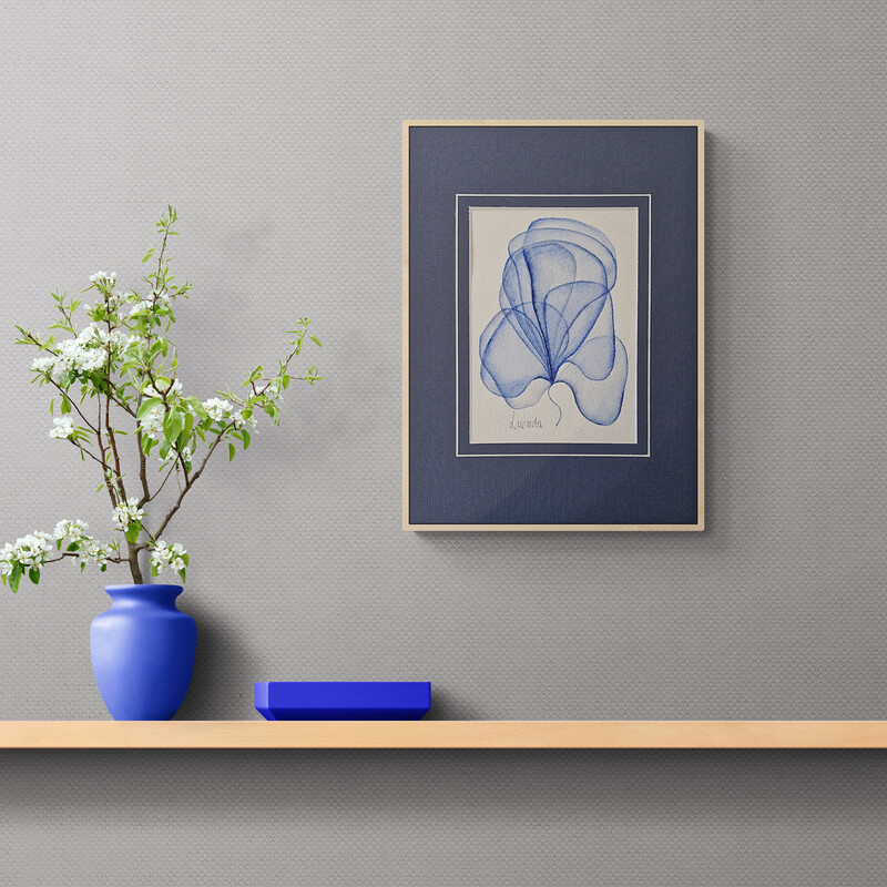 Lucinda Leveille original watercolour in blue, flowers, matted with blue matt, A4 size, suitable for gifting or collecting