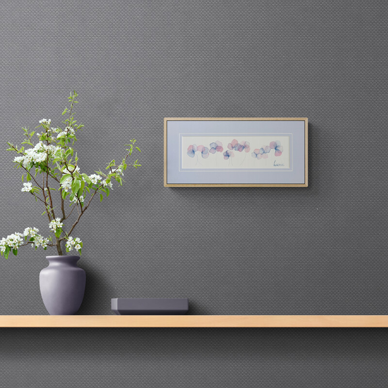 Orginal and exclusive watercolour to Lucindas Studio, pastel flowers in pinks and blues, matted in soft azure matt, gift wrapped