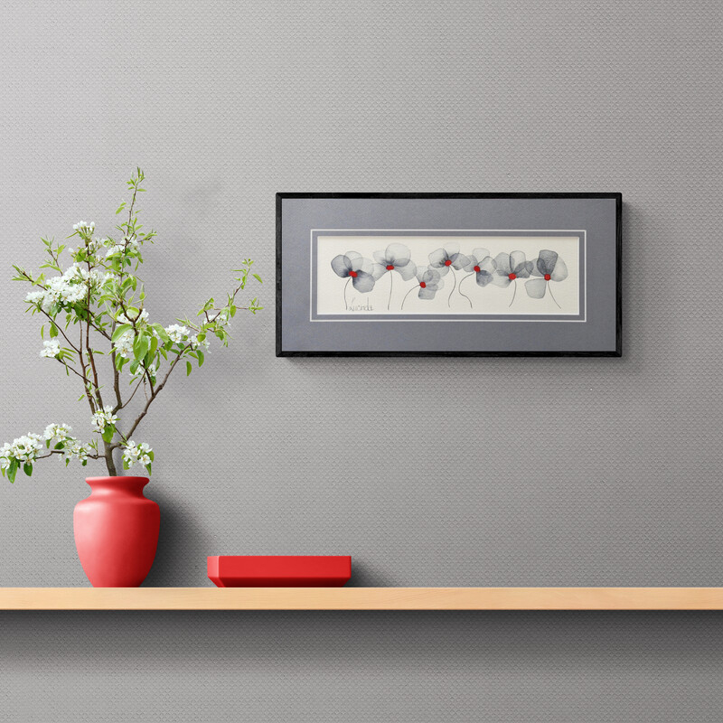 Pearl Petals is an orginal Australian watercolour with a rendering of petals, creating delicate layers of grey and pearl tones, gently enlivened by subtle accents of crimson, by Brisbane artist Lucinda