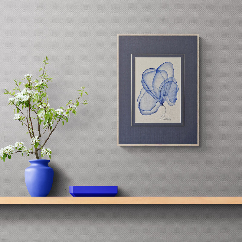 Lucinda Leveille original watercolour in blue, flowers, matted with blue matt, A4 size, suitable for gifting or collecting