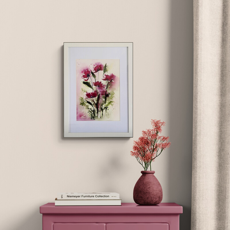 Red poppies watercolour on paper with loose expressive brushwork, presented in a simple ready to hang frame