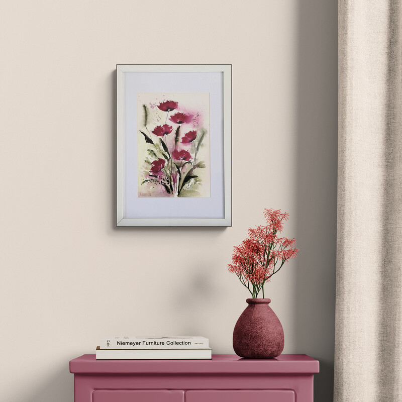 Red poppies watercolour on paper with loose expressive brushwork, presented in a simple ready to hang frame