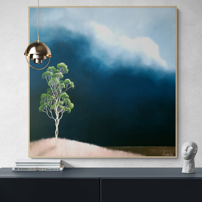 Original Australian landscape painting featuring a solitary tree beneath dramatic blue storm clouds by Lucinda Leveille, 100 x 100 cm.