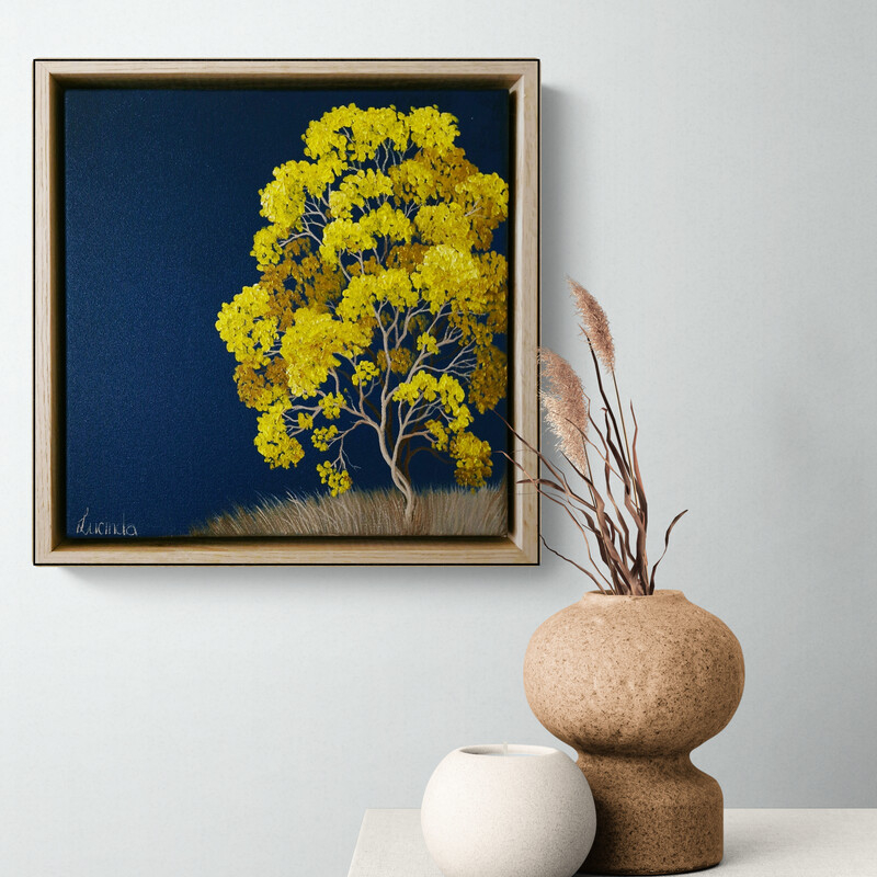 Summer Keeper by Lucinda Leveille, Australian tree landscape painting featuring a golden tree beneath a deep blue sky.