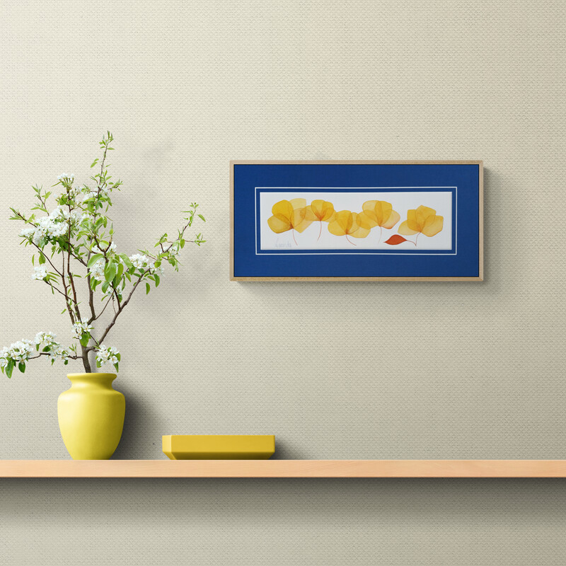 Bright yellow four leaf clover type flowers with one red leaf, mattd with bright blue matt, ready to frame, excllusive and original watercolour, gift wrapped
