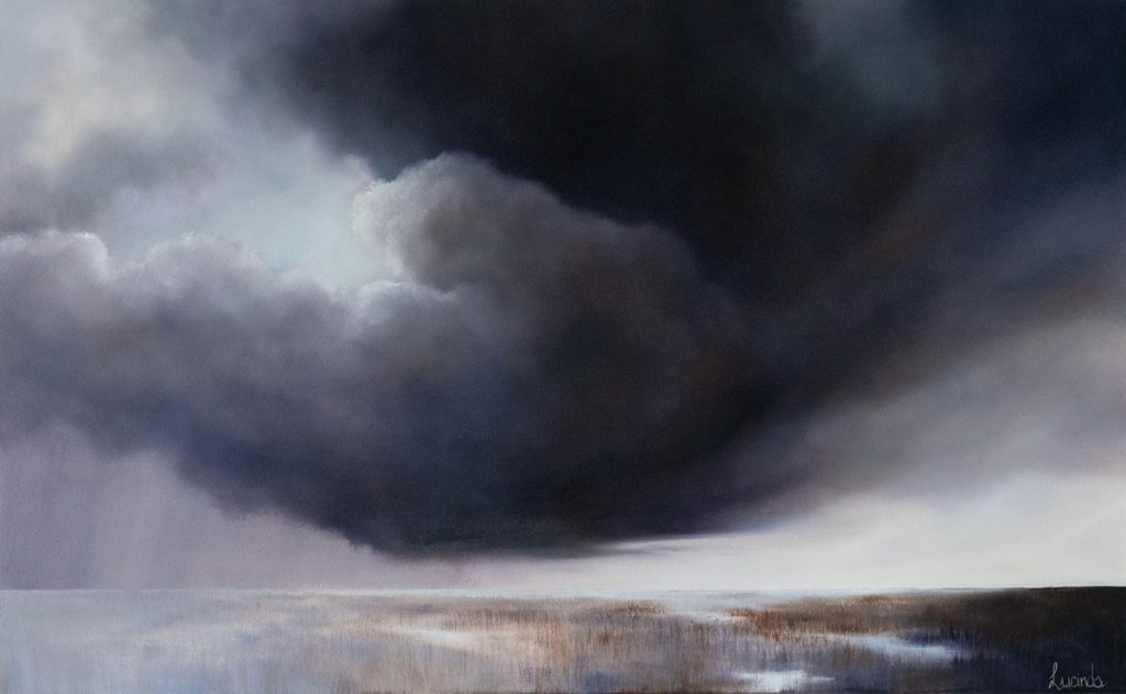 Large statement atmospheric landscape painting featuring gathering storm clouds over open Australian land. Original oil painting by Lucinda Leveille.